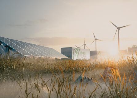 Grain field with solar panels, wind turbines and battery storage unit.