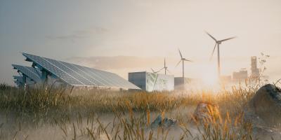 Grain field with solar panels, wind turbines and battery storage unit.