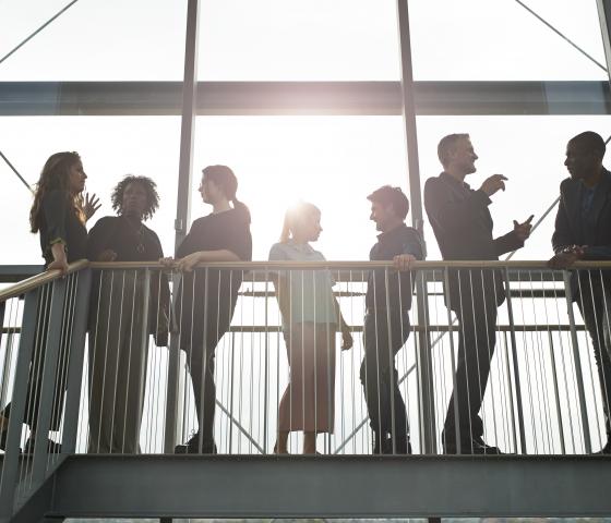 A group of people talking at a staircase in front of sunny window