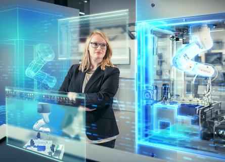 Woman in a manufacturing plant with virtual objects