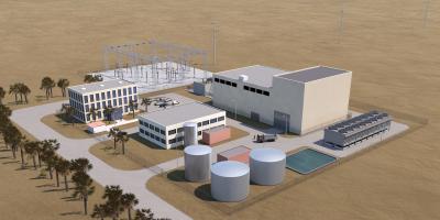 Aerial view of visualized SMR power plant in desert landscape