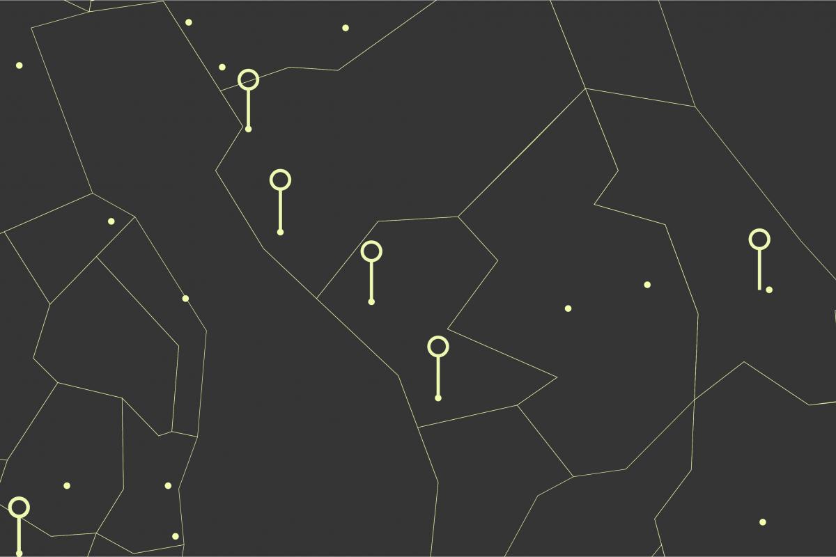 Abstract graphic depicting grey map with yellow outlines