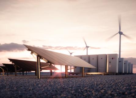 Composite of solar panels, wind turbines and battery storage in a setting sun