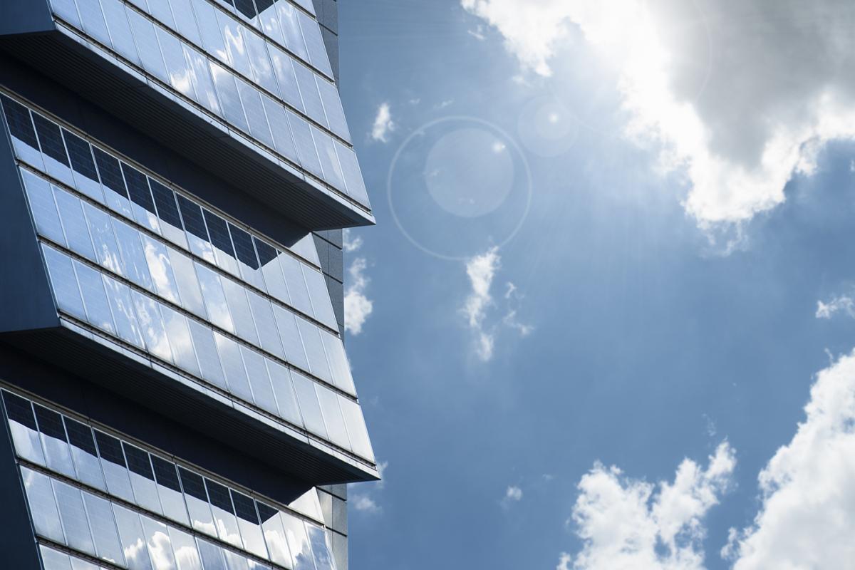 Angled solar panels on building exterior