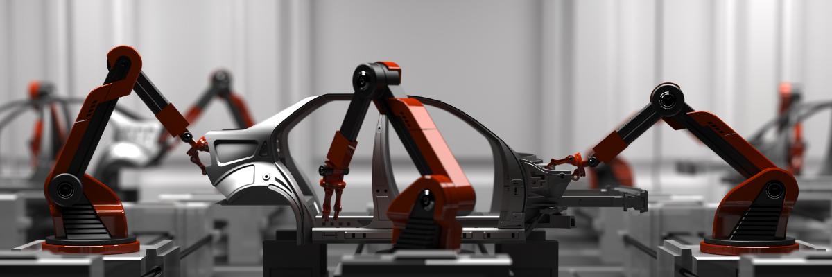 Vehicle being assembled with robots