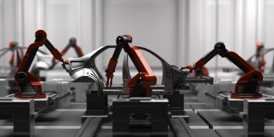Vehicle being assembled with robots