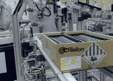 Box of Alelion batteries in a production line