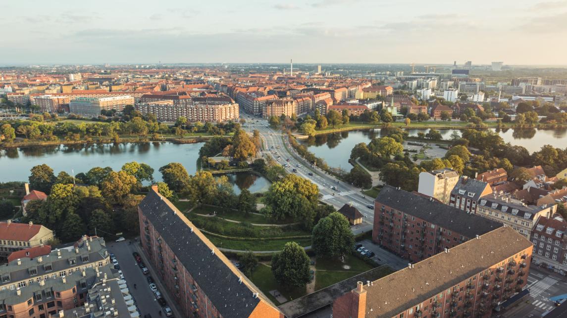 Panoramic view from center of Copenhagen towards Amager, Denmark