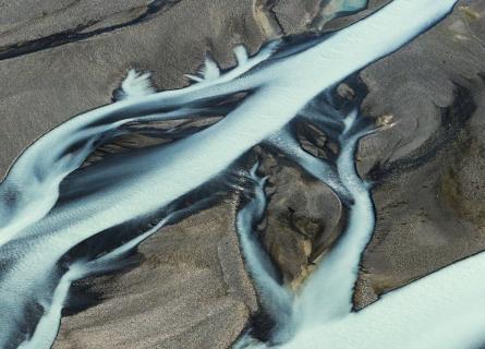 Aerial view of braided river from melting glacier, Mt Cook National Park