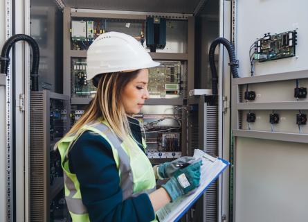 Woman in helmet working