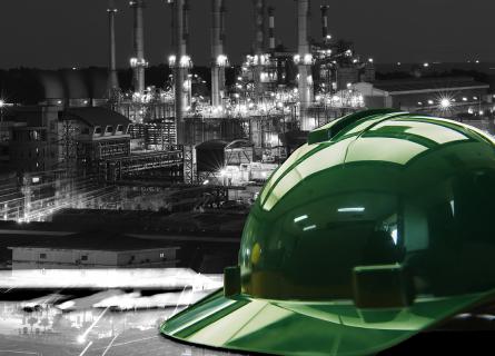 Hard hat on working table in oil refinery plant heavy petrochemical industry estate use for energy,power,fuel,gas and fossil petroleum topic