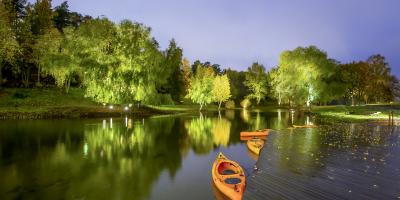 Kayaks in the water, forest in the background