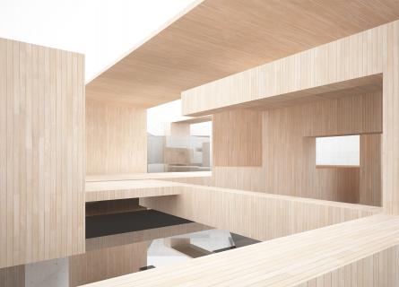 Abstract interior of wood, glass and concrete