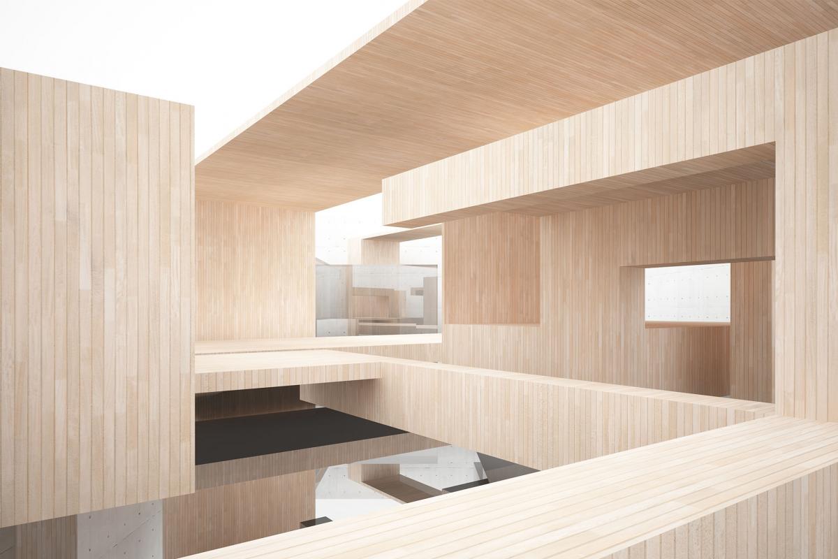 Abstract interior of wood, glass and concrete