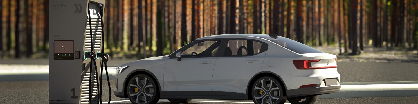 A 3D rendered image of an Electrical Vehicle standing in an empty parking lot. Next to it is an Ultra-fast charging station created by Nima Energy. The car is connected to the station and charging.