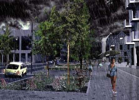 A woman walking outside, in the pouring rain, carrying an umbrella.