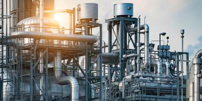Industrial pipelines with sunset, hero image for process industries