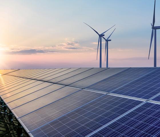 Solar panel row in front of wind rotors by setting sun