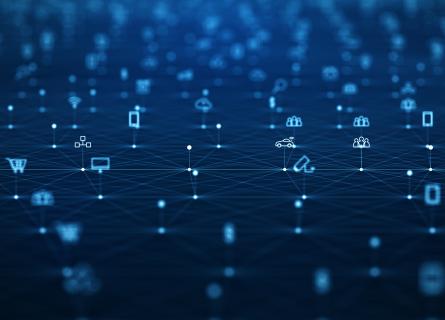 Representation of digital landscape with dark blue background, interconnected lines and icons