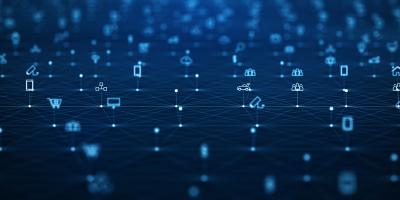 Representation of digital landscape with dark blue background, interconnected lines and icons