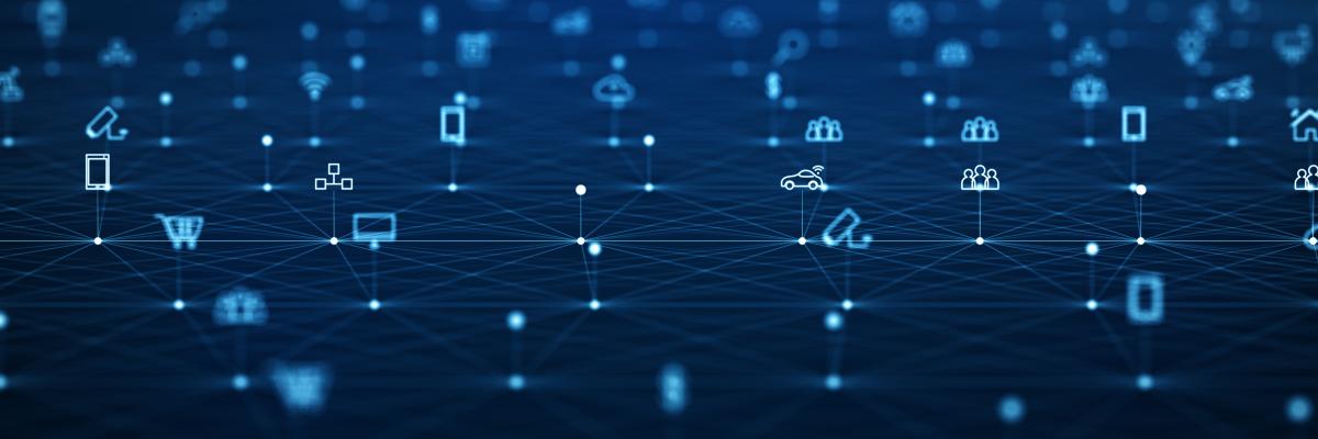 Representation of digital landscape with dark blue background, interconnected lines and icons