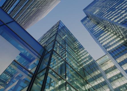 High rise glass office buildings seen from below