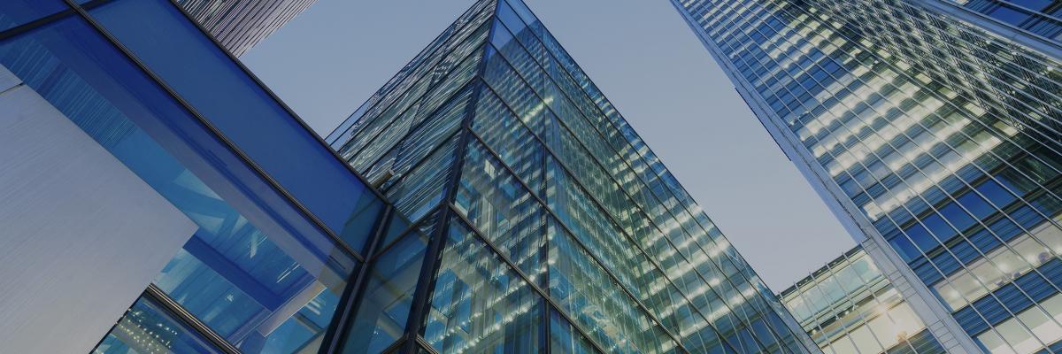 High rise glass office buildings seen from below