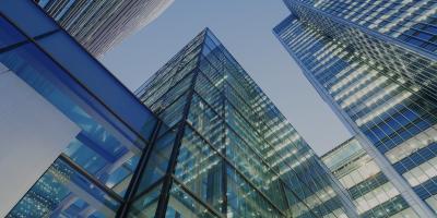 High rise glass office buildings seen from below