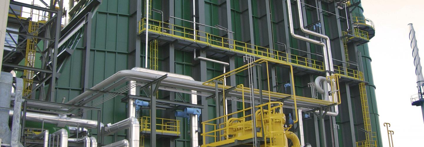 Close up view of Teverola TPP boiler and stack