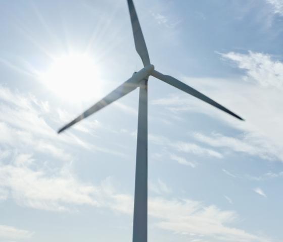 Expansive light blue-sky backdrop, with a wind turbine in the foreground
